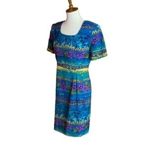 Vtg 90s colorful floral & stripes midi dress